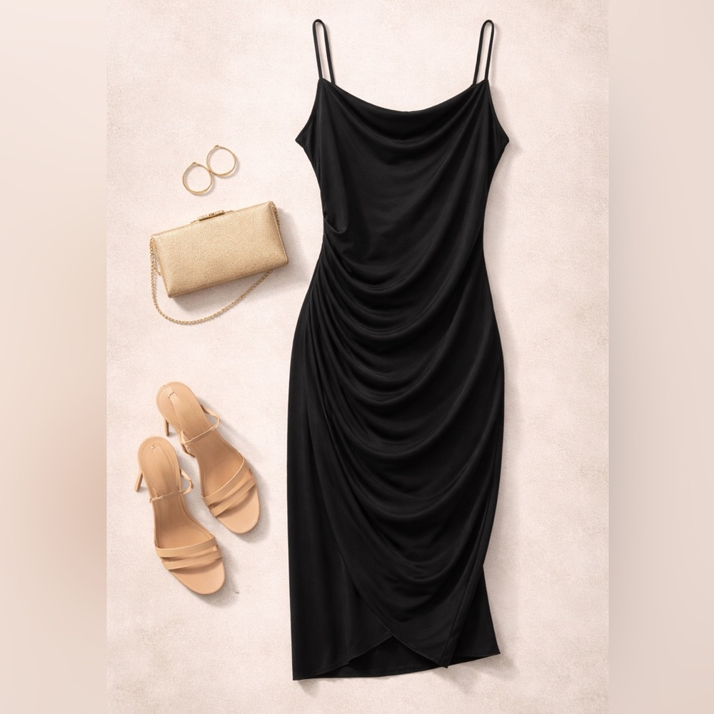 Tempo Paris Y2K Black Slinky Slip Dress – Asymmetric Ruched Midi – Size L